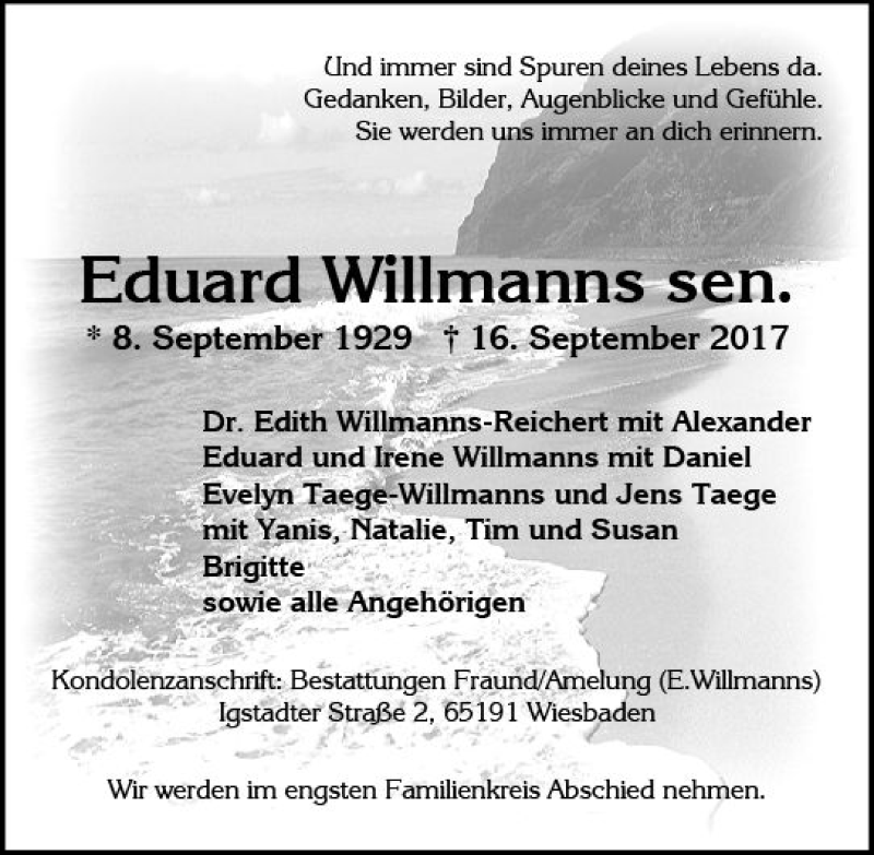  Traueranzeige für Eduard Willmanns vom 23.09.2017 aus Trauerportal Rhein Main Presse