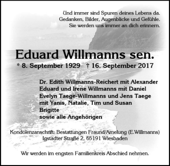 Traueranzeige von Eduard Willmanns von Trauerportal Rhein Main Presse