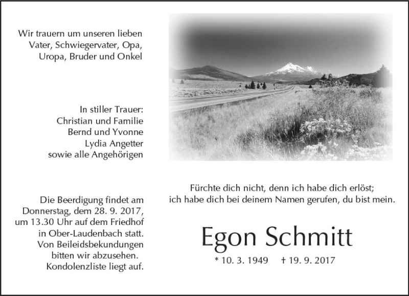  Traueranzeige für Egon Schmitt vom 25.09.2017 aus Trauerportal Echo Online
