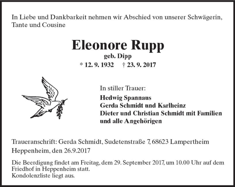  Traueranzeige für Eleonore Rupp vom 26.09.2017 aus Trauerportal Echo Online