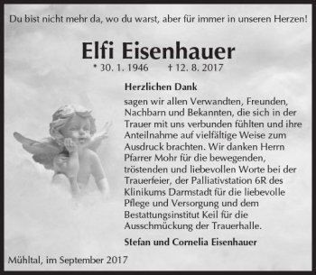 Traueranzeige von Elfi Eisenhauer von Trauerportal Echo Online