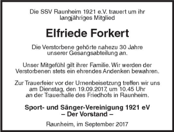Traueranzeige von Elfriede Forkert von Trauerportal Rhein Main Presse