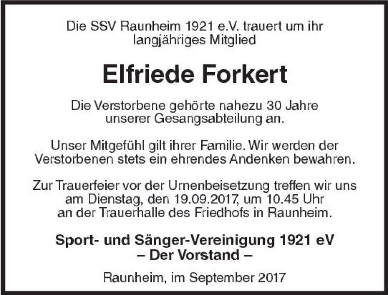 Traueranzeige für Elfriede Forkert vom 15.09.2017 aus Trauerportal Rhein Main Presse