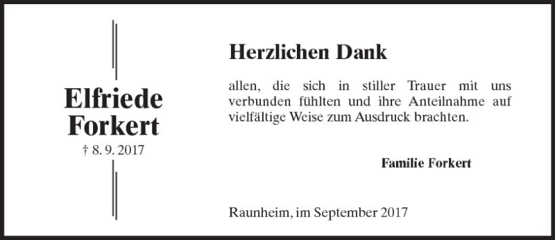  Traueranzeige für Elfriede Forkert vom 27.09.2017 aus Trauerportal Rhein Main Presse