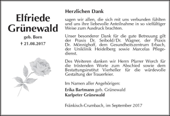 Traueranzeige von Elfriede Grünewald von Trauerportal Echo Online