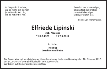 Traueranzeige von Elfriede Lipinski von Trauerportal Rhein Main Presse