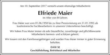 Traueranzeige von Elfriede Maier von Trauerportal Echo Online