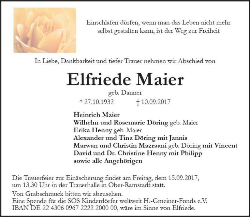 Traueranzeige für Elfriede Maier vom 13.09.2017 aus Trauerportal Echo Online