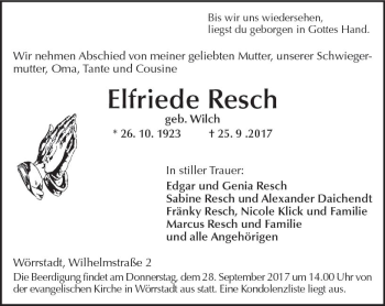 Traueranzeige von Elfriede Resch von Trauerportal Rhein Main Presse