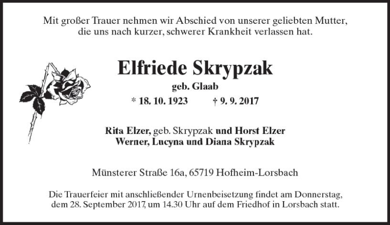  Traueranzeige für Elfriede Skrypzak vom 15.09.2017 aus Trauerportal Rhein Main Presse