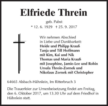Traueranzeige von Elfriede Threin von Trauerportal Echo Online