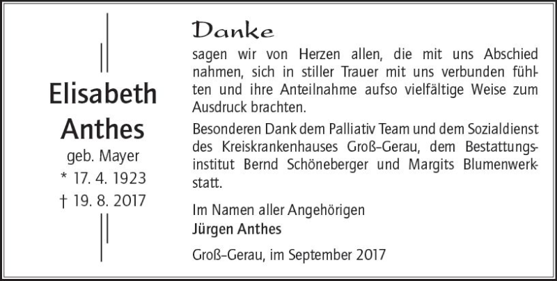  Traueranzeige für Elisabeth Anthes vom 23.09.2017 aus Trauerportal Echo Online