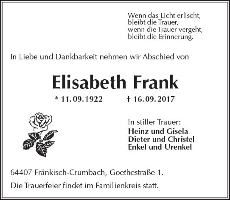  Traueranzeige für Elisabeth Frank vom 23.09.2017 aus Trauerportal Echo Online