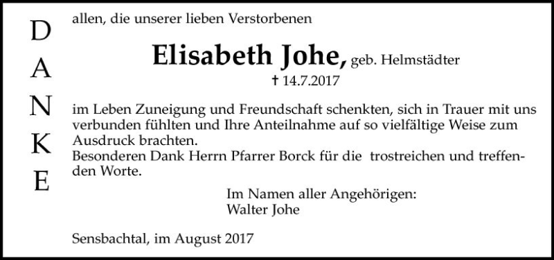  Traueranzeige für Elisabeth Johe vom 02.09.2017 aus Trauerportal Echo Online