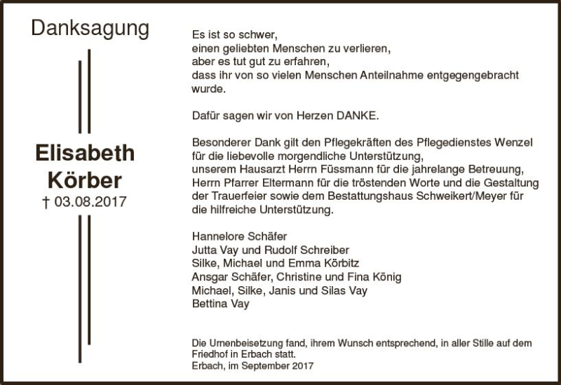  Traueranzeige für Elisabeth Kröber vom 09.09.2017 aus Trauerportal Echo Online