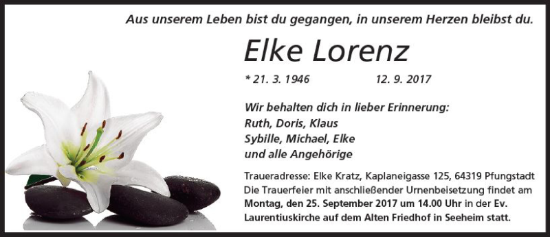  Traueranzeige für Elke Lorenz vom 23.09.2017 aus Trauerportal Echo Online
