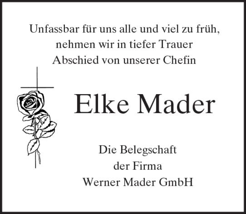  Traueranzeige für Elke Mader vom 30.09.2017 aus Trauerportal Echo Online