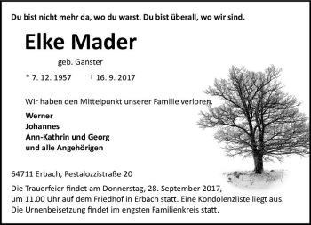 Traueranzeige von Elke Mader von Trauerportal Echo Online