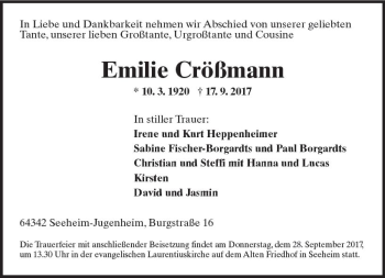 Traueranzeige von Emilie Crößmann von Trauerportal Echo Online