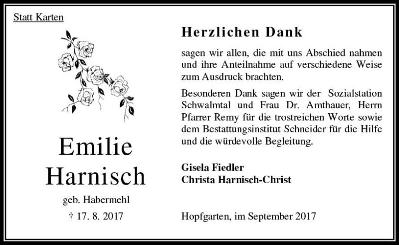  Traueranzeige für Emilie Harnisch vom 16.09.2017 aus VRM Trauer