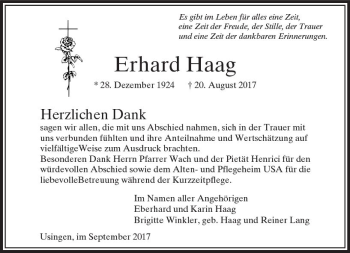 Traueranzeige von Erhard Haag von  Usinger Anzeiger