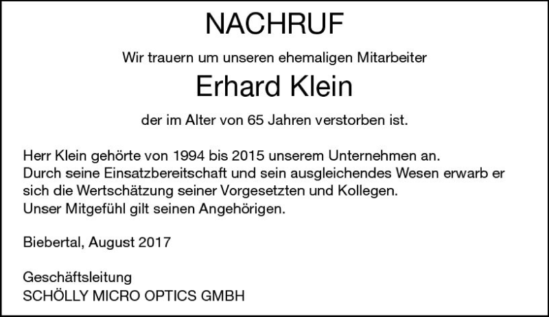  Traueranzeige für Erhard Klein vom 09.09.2017 aus  Gießener Anzeiger