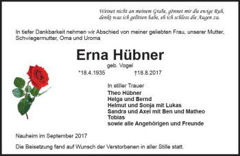 Traueranzeige von Erna Hübner von Trauerportal Echo Online