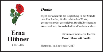 Traueranzeige von Erna Hübner von Trauerportal Rhein Main Presse