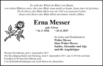 Traueranzeige von Erna Messer von Trauerportal Rhein Main Presse
