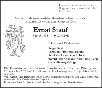 Traueranzeige von Ernst Stauf von Trauerportal Rhein Main Presse