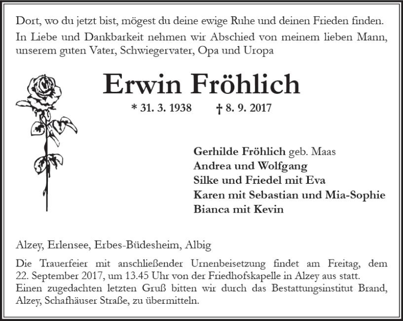  Traueranzeige für Erwin Fröhlich vom 16.09.2017 aus Trauerportal Rhein Main Presse