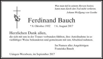 Traueranzeige von Ferdinand Bauch von  Usinger Anzeiger