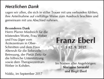 Traueranzeige von Franz Eberl von  Kreisanzeiger