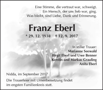 Traueranzeige von Franz Eberl von  Kreisanzeiger
