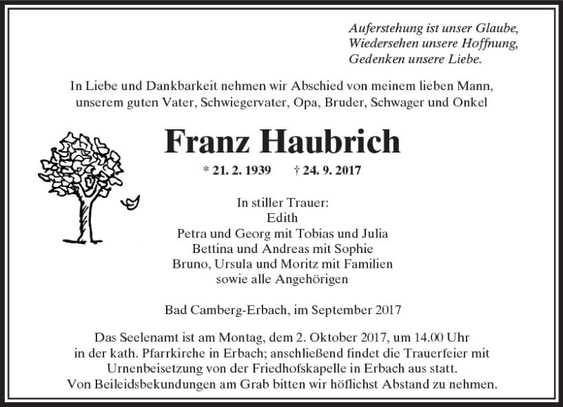  Traueranzeige für Franz Haubrich vom 28.09.2017 aus  Camberger Anzeiger