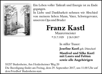 Traueranzeige von Franz Kastl von Trauerportal Rhein Main Presse