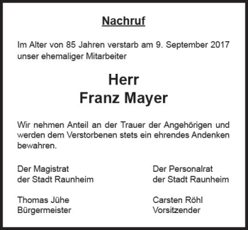 Traueranzeige von Franz Mayer von Trauerportal Rhein Main Presse