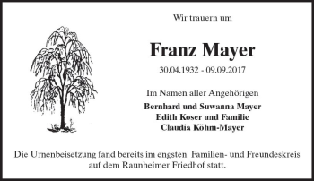 Traueranzeige von Franz Mayer von Trauerportal Rhein Main Presse