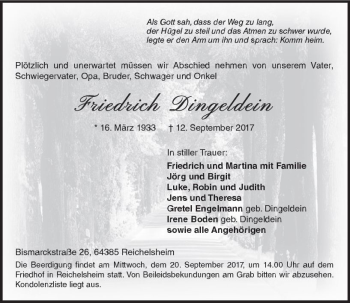 Traueranzeige von Friedrich Dingeldein von Trauerportal Echo Online