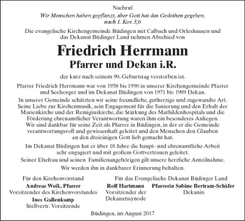 Traueranzeige von Friedrich Herrmann von  Kreisanzeiger