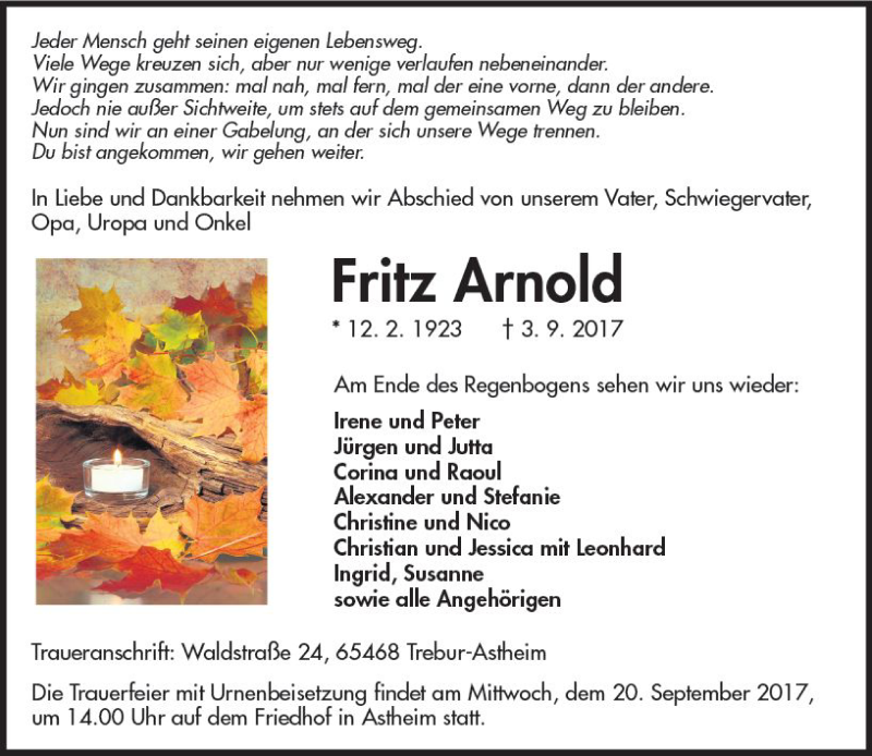  Traueranzeige für Fritz Arnold vom 15.09.2017 aus Trauerportal Rhein Main Presse