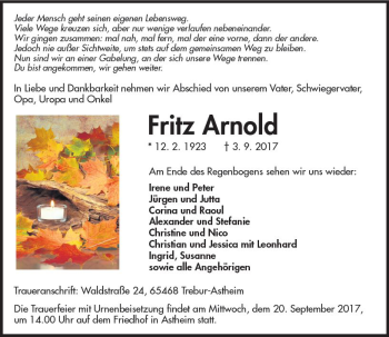 Traueranzeige von Fritz Arnold von Trauerportal Rhein Main Presse