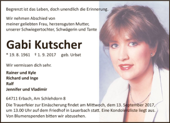 Traueranzeige von Gabi Kutscher von Trauerportal Echo Online