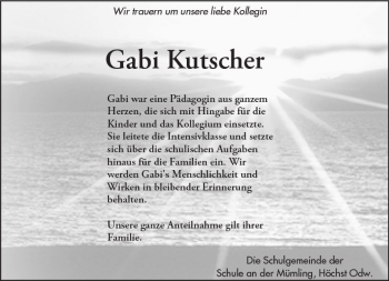 Traueranzeige von Gabi Kutscher von Trauerportal Echo Online