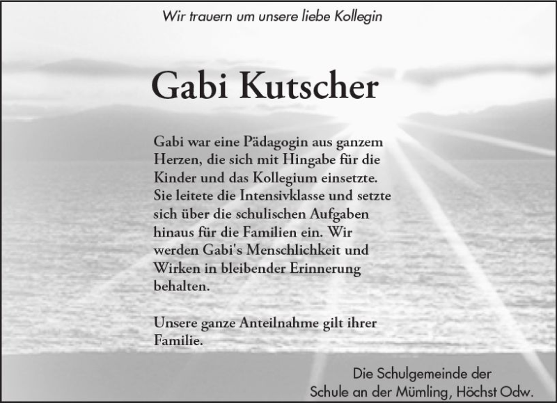  Traueranzeige für Gabi Kutscher vom 13.09.2017 aus Trauerportal Echo Online