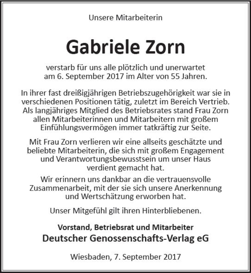  Traueranzeige für Gabriele Zorn vom 16.09.2017 aus Trauerportal Rhein Main Presse