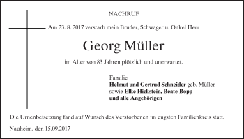 Traueranzeige von Georg Müller von Trauerportal Rhein Main Presse