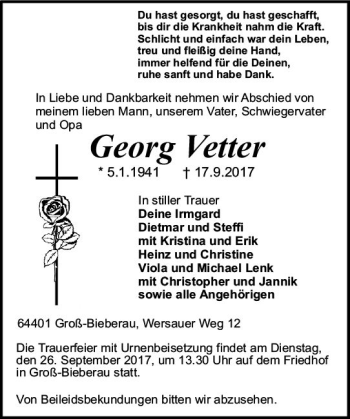 Traueranzeige von Georg Vetter von Trauerportal Echo Online