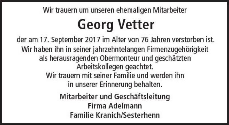  Traueranzeige für Georg Vetter vom 23.09.2017 aus Trauerportal Echo Online
