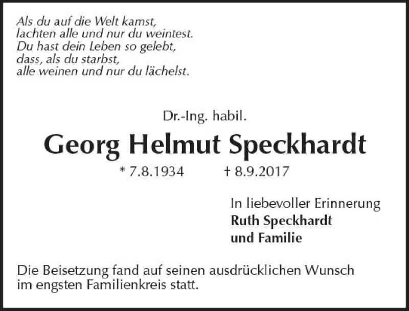  Traueranzeige für Georg Helmut Speckhardt vom 30.09.2017 aus Trauerportal Echo Online